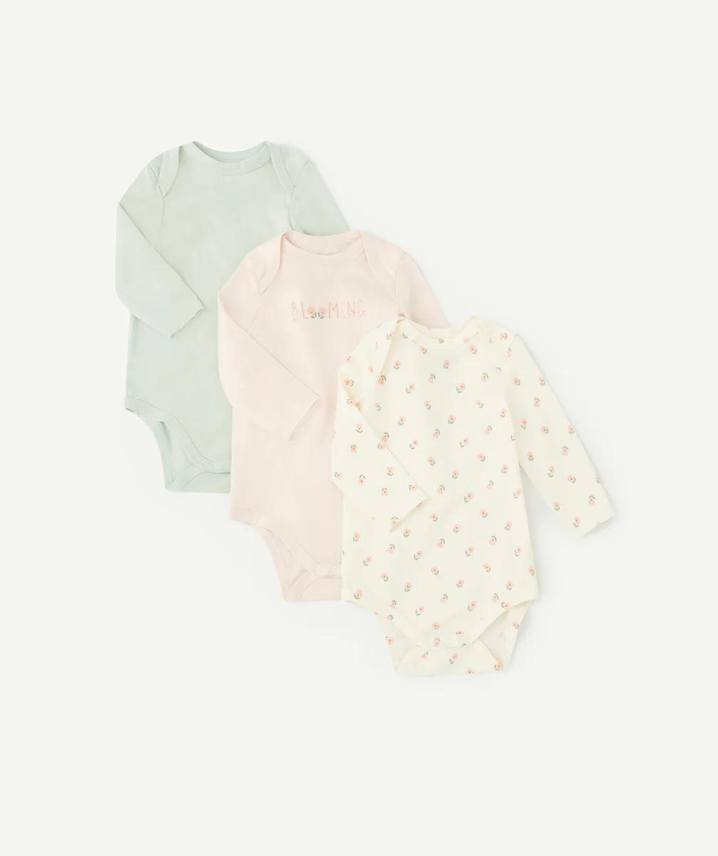 LOT DE 3 BODIES EN COTON BIOLOGIQUE VERT ET ROSE