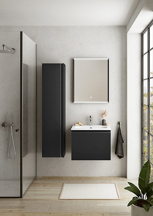 Meuble sous vasque à suspendre Pura noir 60 cm + plan vasque en résine blanc mat