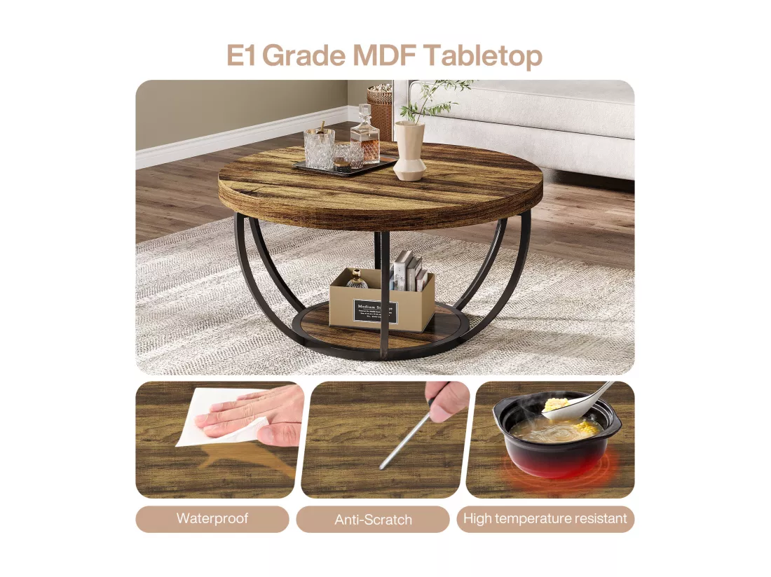 Table basse ronde industrielle à 2 niveaux avec étagères de rangement, table centrale moderne en bois de 80 cm
