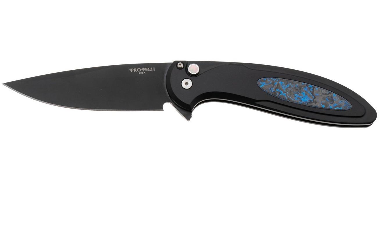Pro-Tech Cambria 2 CF2103-LTD-TC-BLUE, DLC CPM MagnaCut, Black 6061 Aluminum Techno Carbo Blue Inlay, Black Lip Pearl Button zakmes