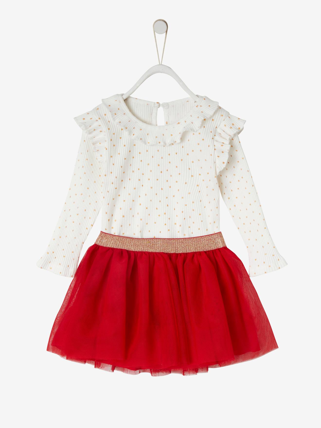 Conjunto de presente de Natal com camiseta estampada com estrelas e saia de tule branca leve para bebê.