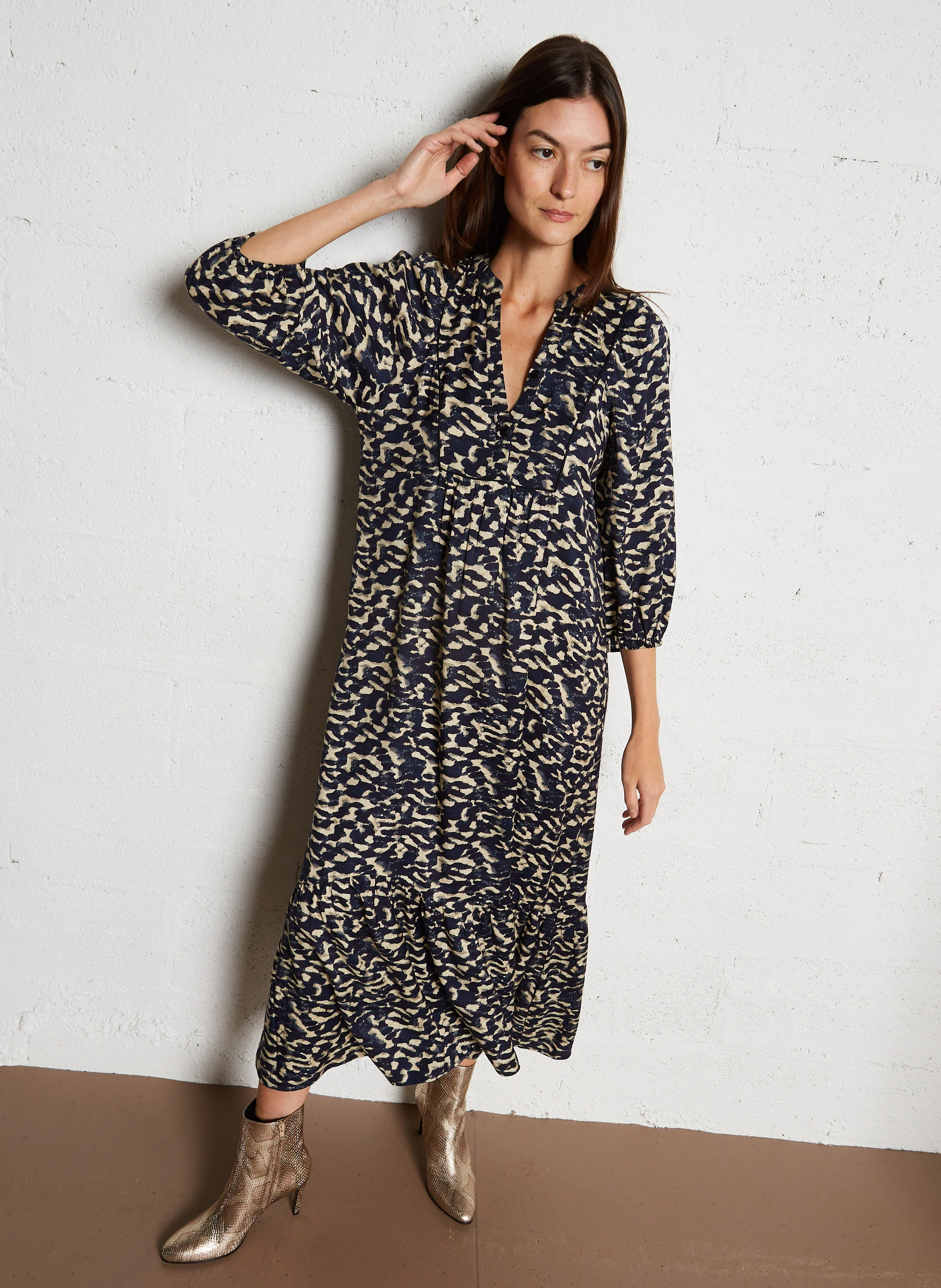 AGATHA - Robe longue droite à col V | Bleu