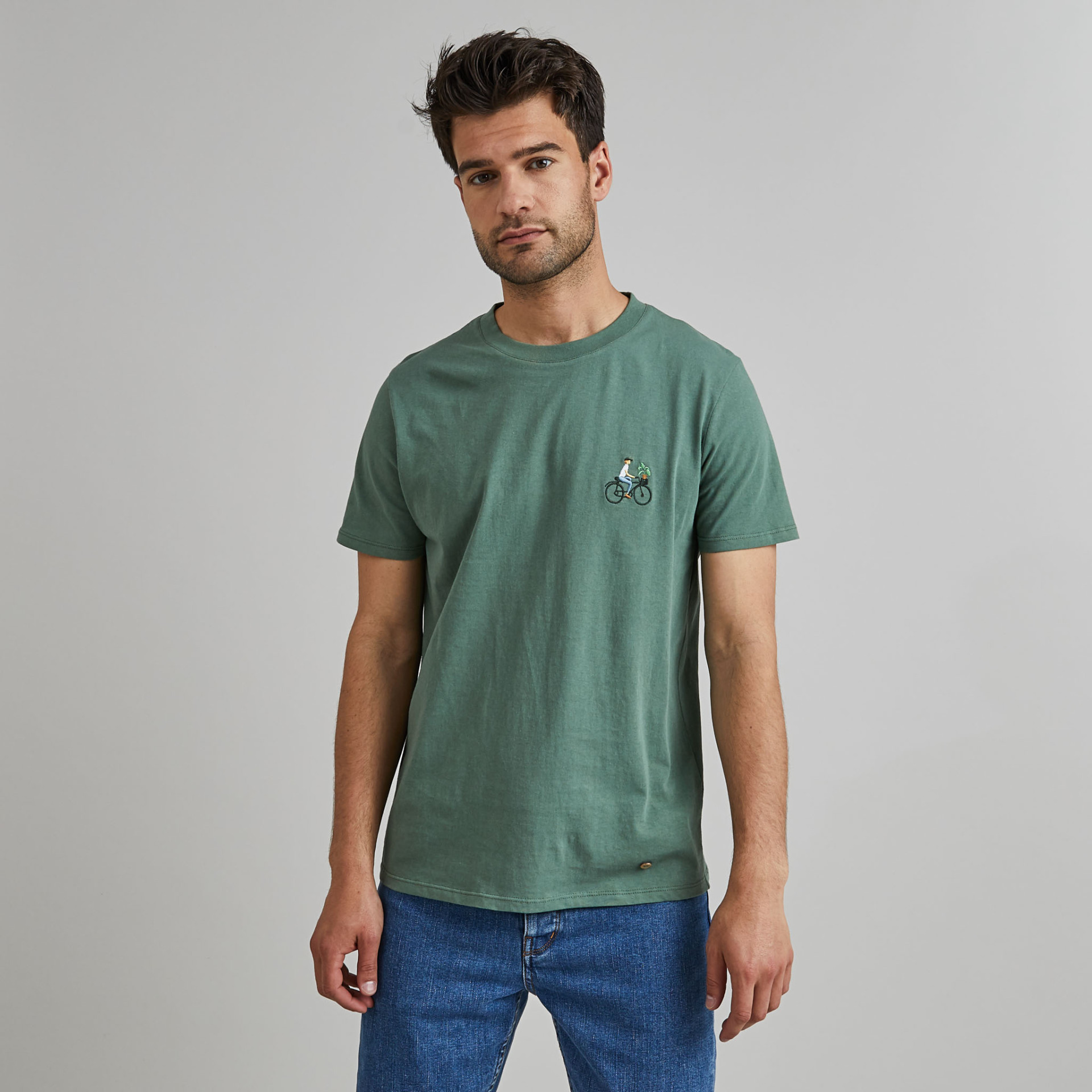 T-shirt col rond vert broderie vélo coton et coton recyclé - modèle Arcy