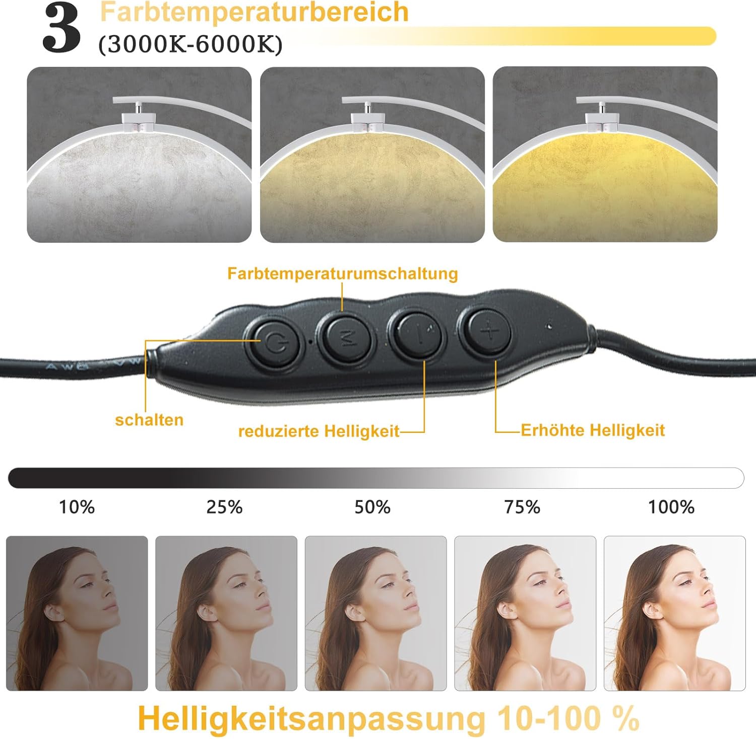 LED Stehleuchte, 45W Wimpern Lampe Kosmetik Lampe für Wimpern, Einstellbares Licht 3-6000K, Lamp mit Telefonständer, Kosmetiklampe Mondlampe für Lesen Tätowieren