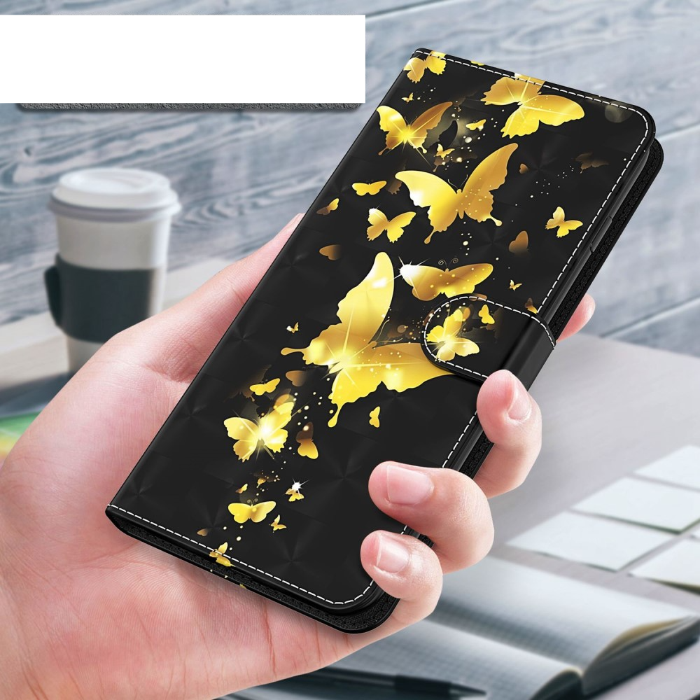 iPhone 14 Leder Tasche mit Kartenfach   Handschlaufe - Schmetterling (Schwarz / Gold)