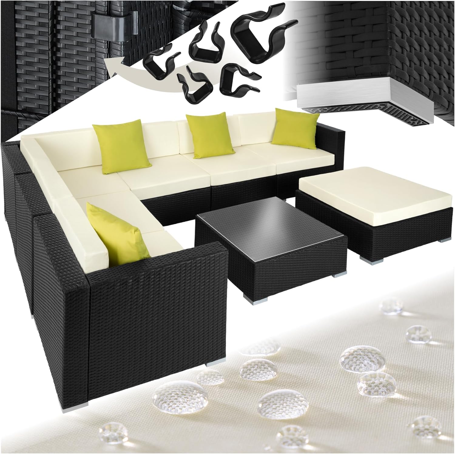 tectake® Poly Rattan Lounge, Garten Loungemöbel Set für 6 Personen, große Sitzgruppe mit L-Form Sofa und Esstisch Outdoor, Gartenmöbel wetterfest, Terrassenmöbel inkl. Hocker und Kissen - schwarz