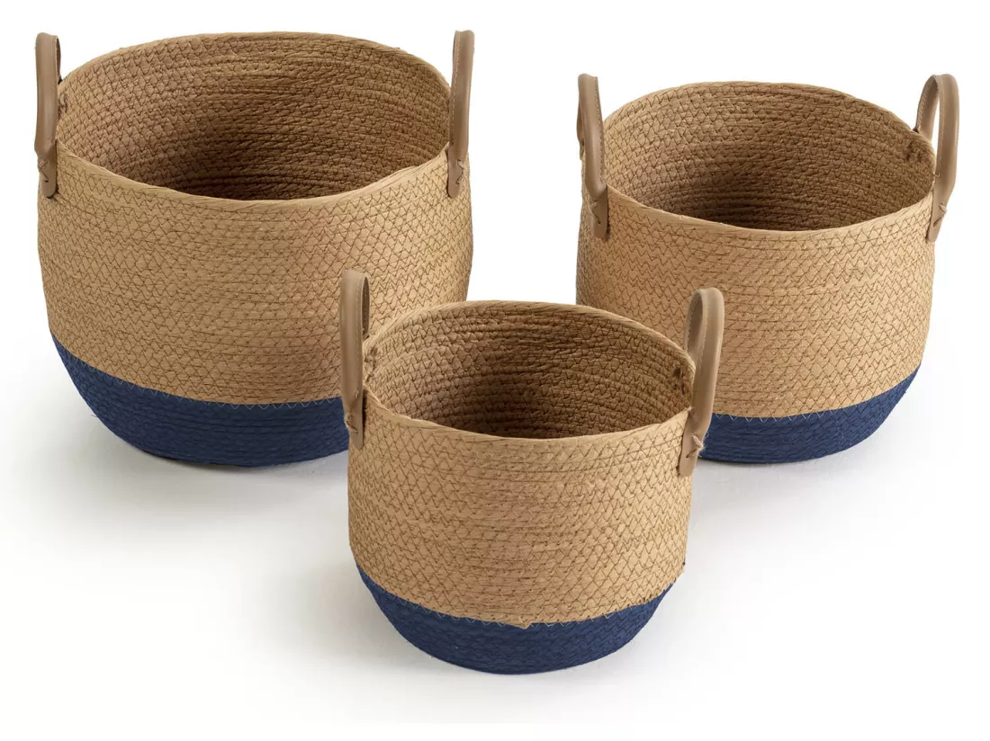 Set de 3 paniers Tecla fibre naturelle, bleu/naturel
