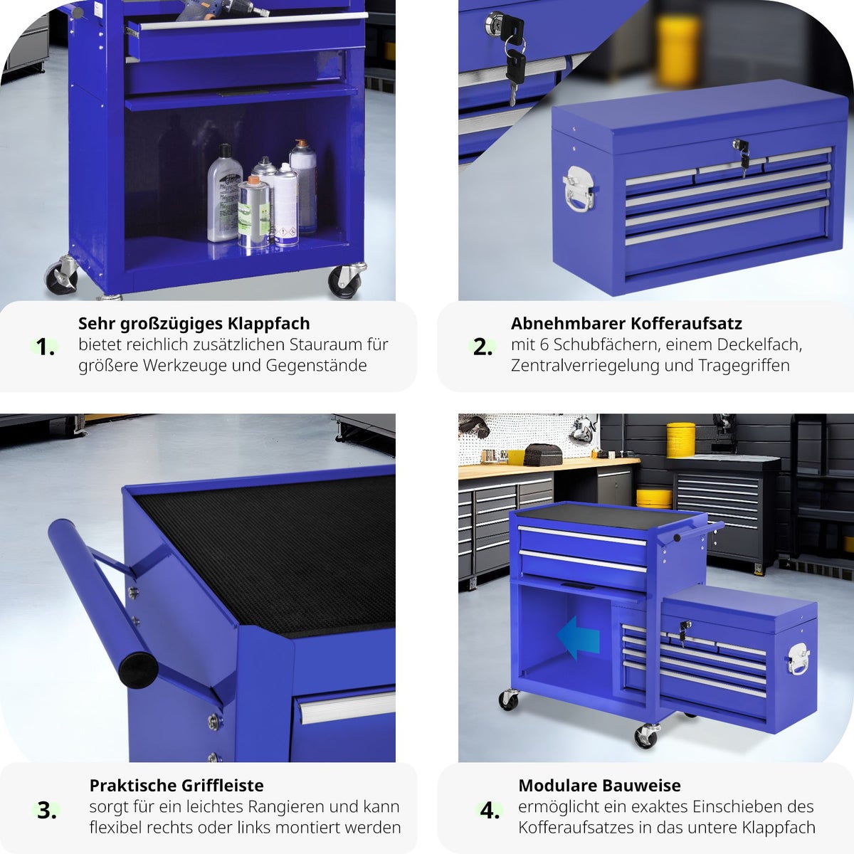 tectake gereedschapswagen met 8 kogelgelagerde laden met antislipmatten en wielen met een diameter van 100 mm.