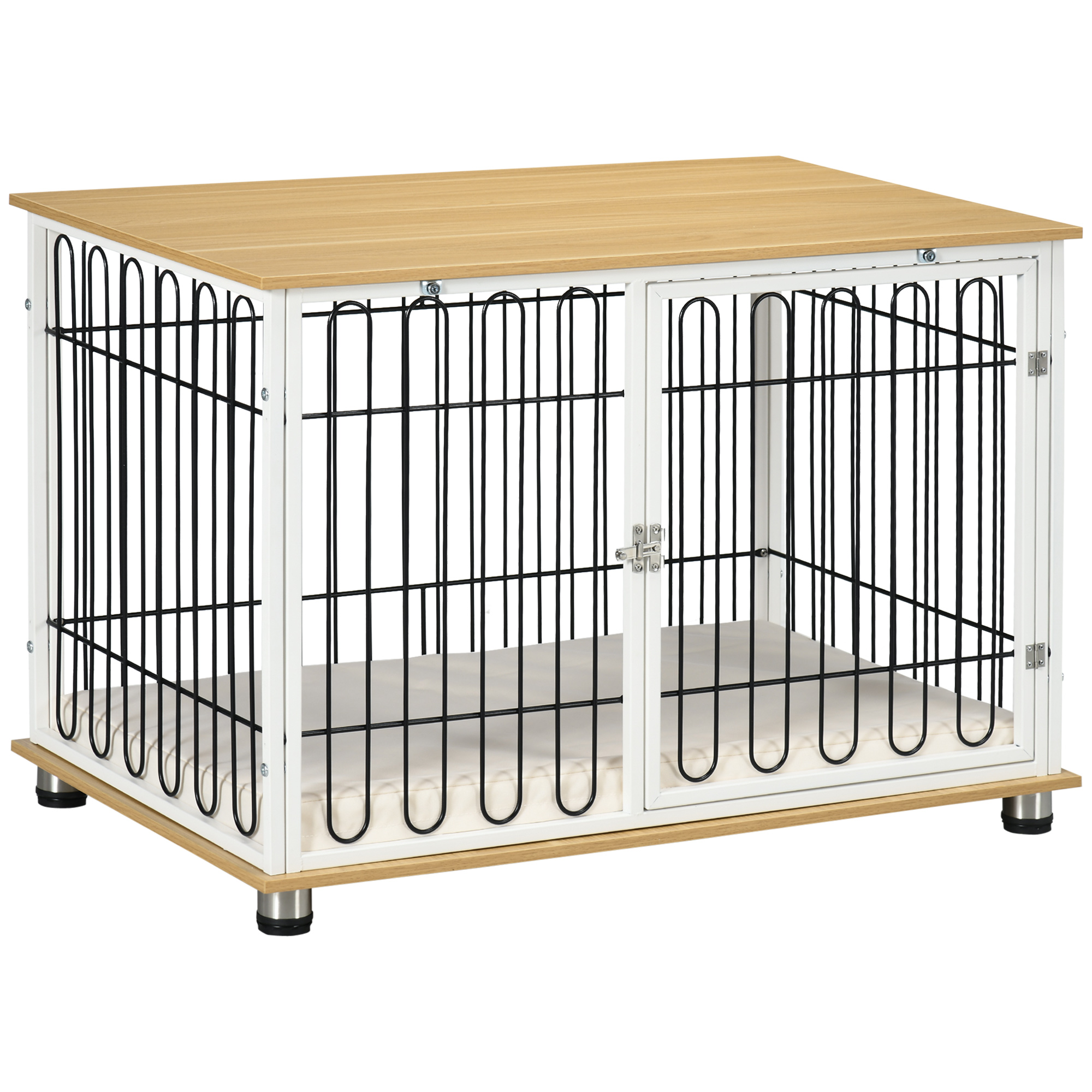 Gaiola para cães PawHut para uso doméstico, 90x58x62,5 cm, com mesa lateral, almofada lavável, porta com trava e grades de aço, cor carvalho.
