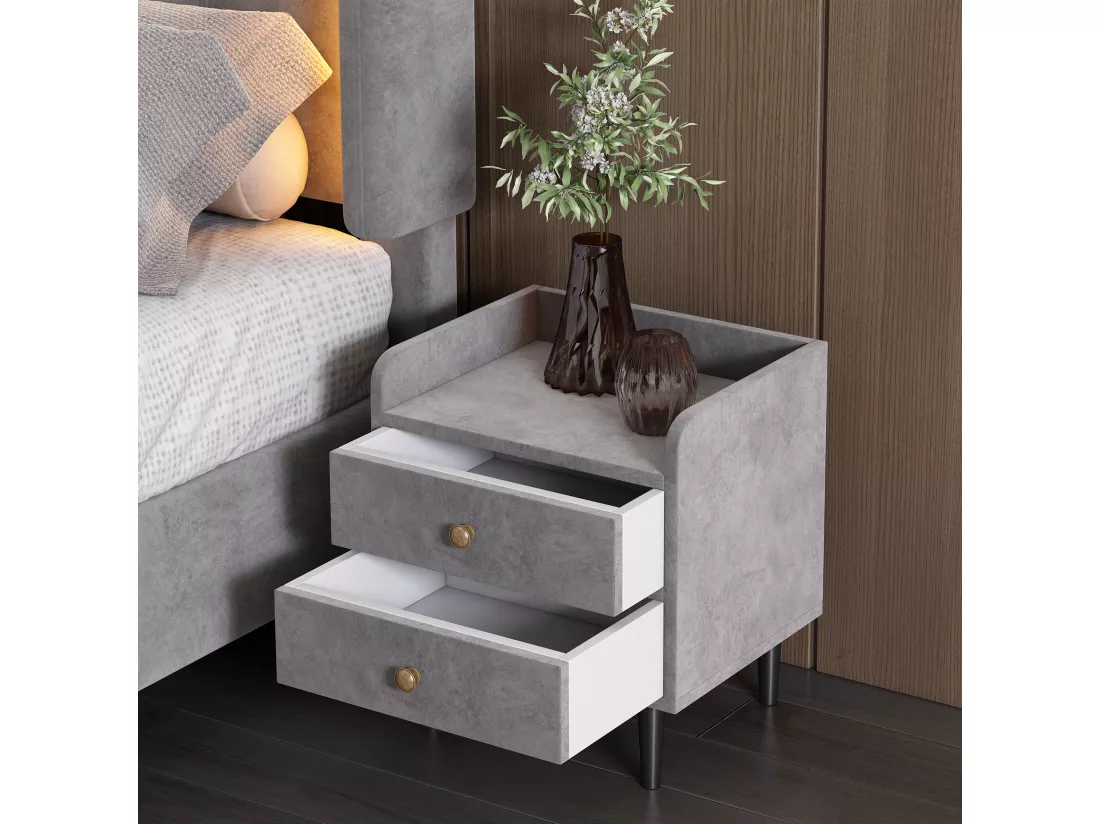 Ensemble lit 140 x 200 cm - tissu velours - table de chevet + bout de lit - sommier à lattes - coloris : gris