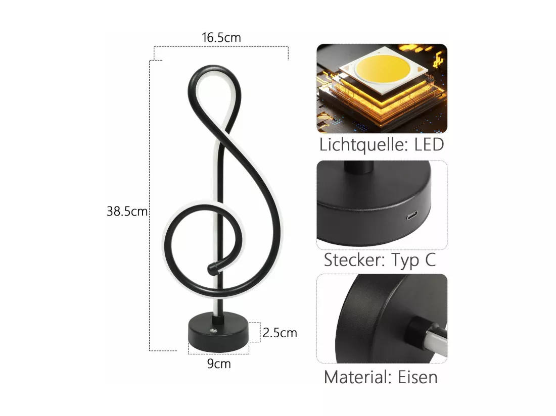 NETTLIFE Lampe de table LED sans fil tactile dimmable batterie noire avec USB rechargeable tactile dimmable