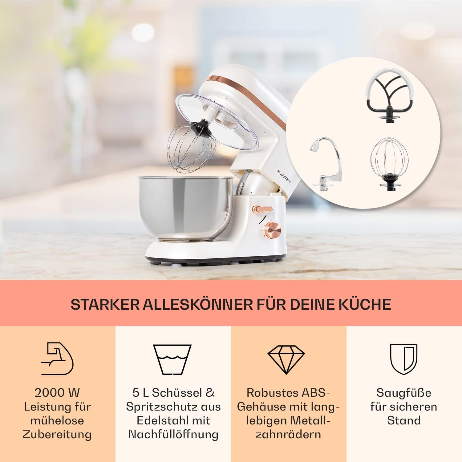 Klarstein Küchenmaschine Mit 5L Schüssel - 1800W Profi Knetmaschine Mit Knethaken Und Schneebesen - 6 Stufen Universal Teigmaschine Zum Rühren, Kneten Und Aufschlagen