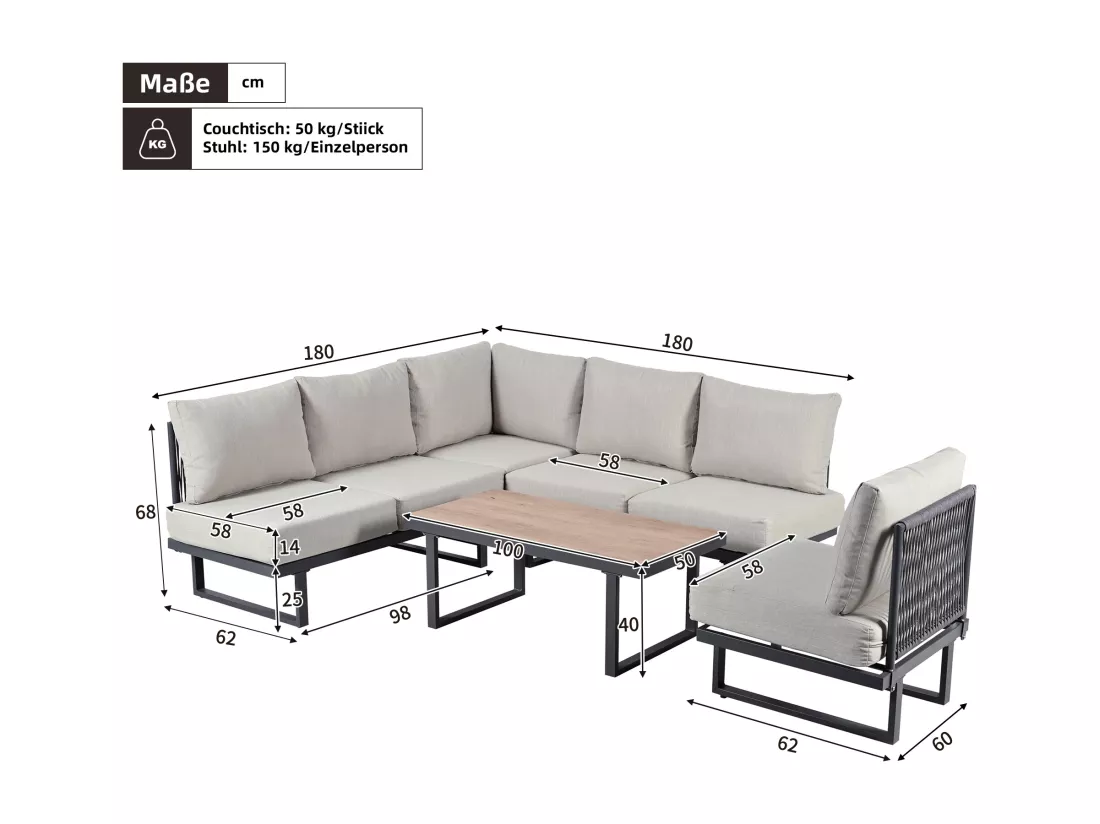 Salon de jardin - 6 places - ensemble d'angle, canapé + table basse + repose-pieds, en acier galvanisé, - Gris