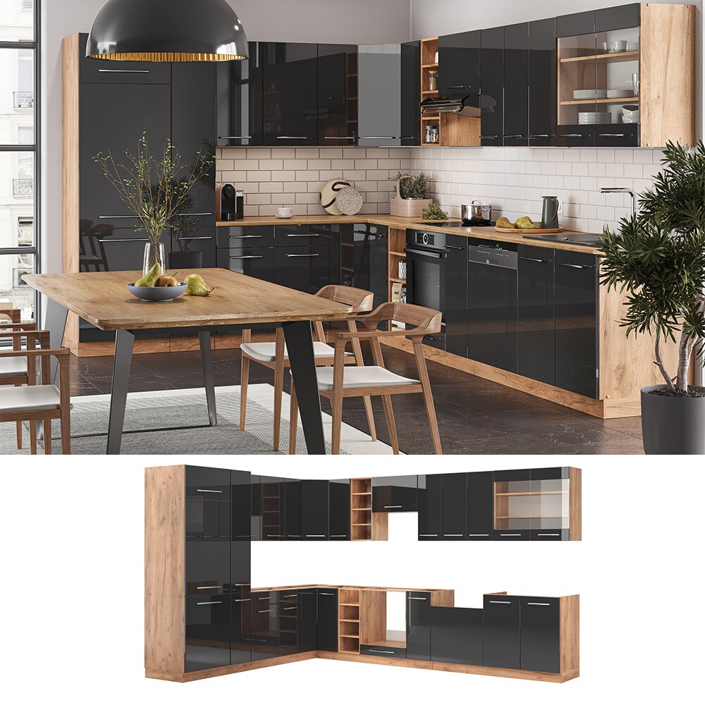 Vicco Eckküche Küchenzeile Einbauküche Fame-Line Eiche Anthrazit 257x347 cm modern Spülenunterschrank Unterschrank Herdumbauschrank Hängeschrank Kühlumbauschrank Apothekerhochschrank Blende