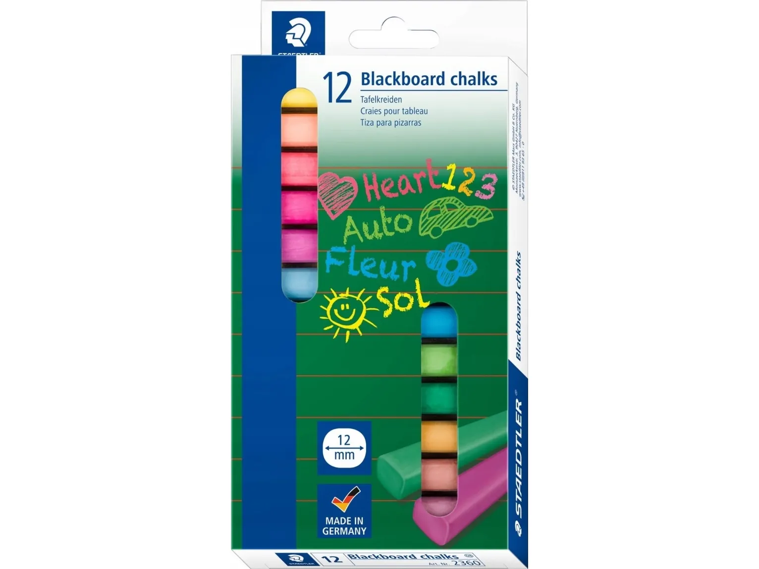 Tavlekridt STAEDTLER uden spids 13x13x90 mm - med 12 stk. ass. farver