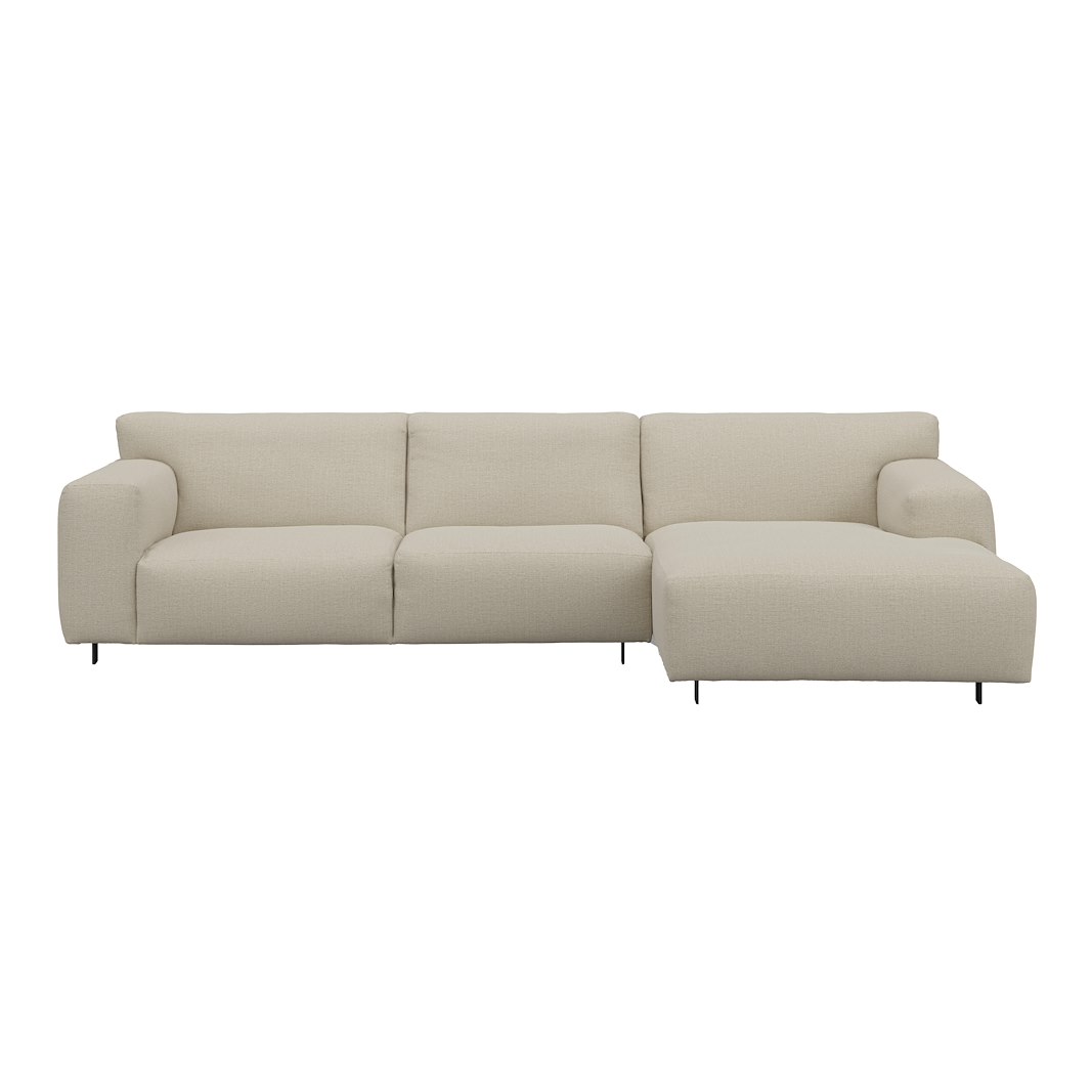Vesta 2,5-seter med sjeselong høyre I Tekstil Cortina Sand, standardsøm, sort metallben 10 cm, Comfort CM