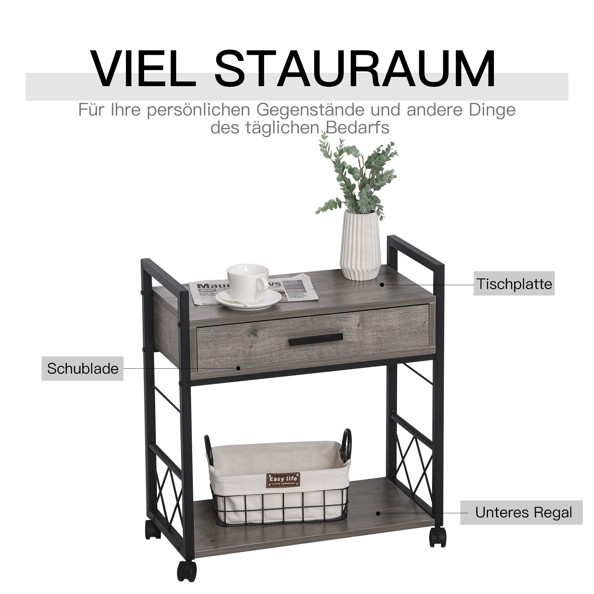 HOMCOM Mobiler Beistelltisch mit Schublade 60 x 30 x 65 cm (BxTxH)