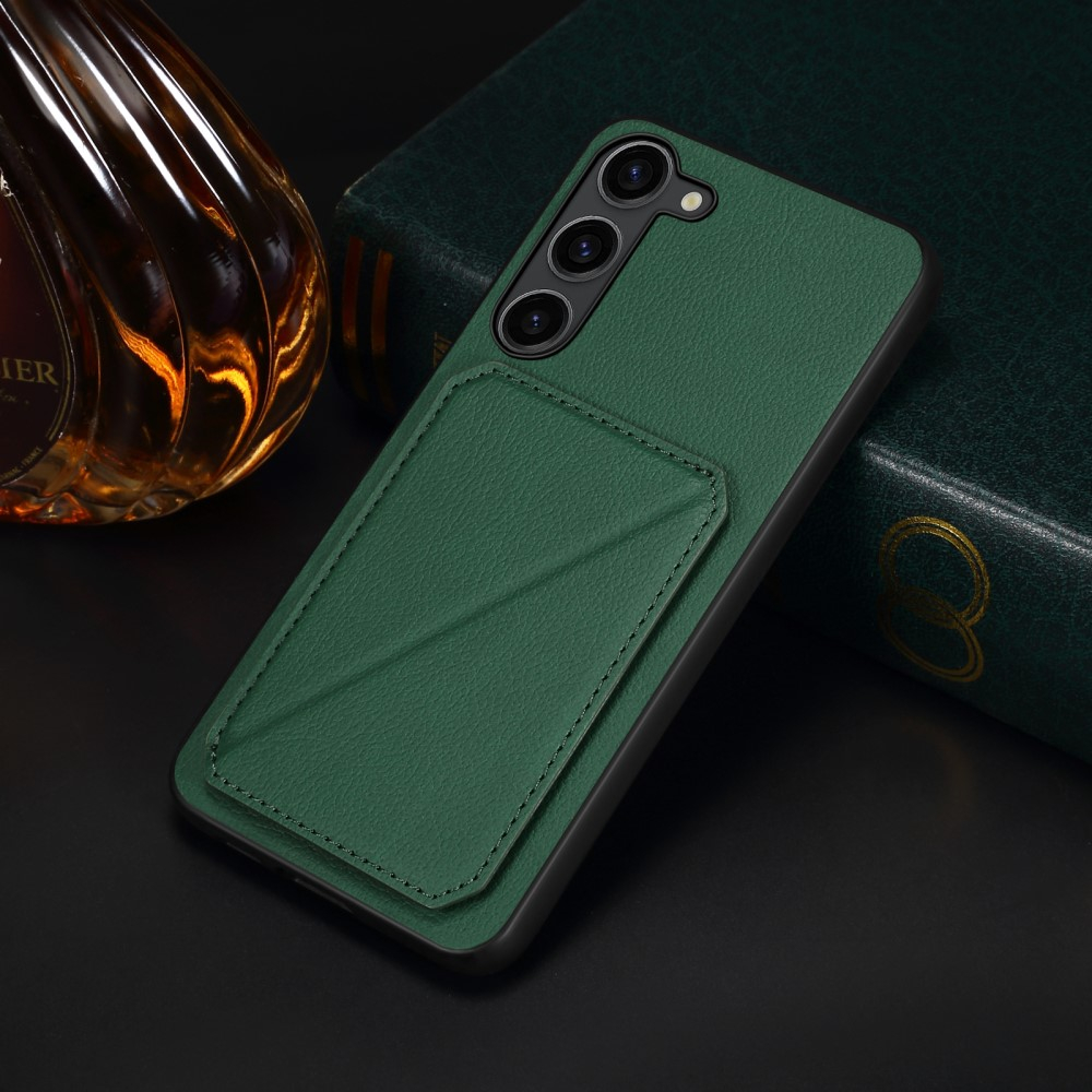 Samsung Galaxy S24  Plus Leder Hülle mit Kartenfach   Origami Kickstand Aufsteller im Litchi Look - Dunkelgrün