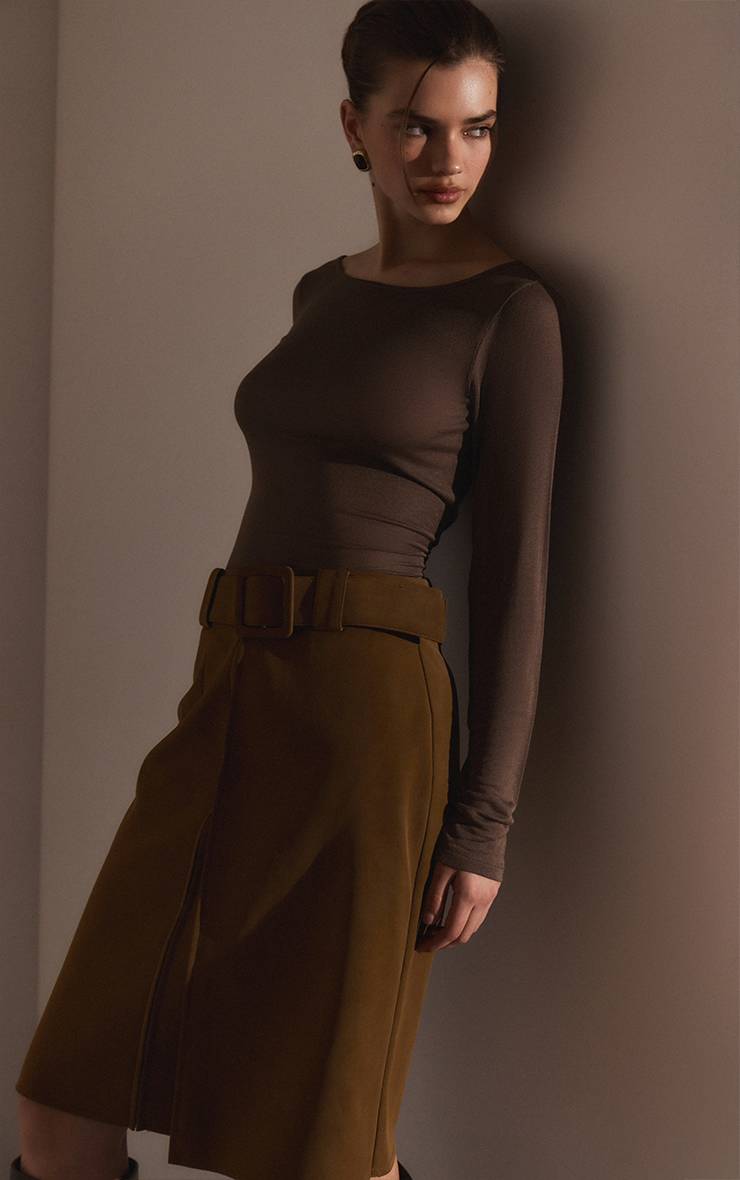 Light Brown Jupe Midi En Synthétiquecuir Souple Avec Ceinture