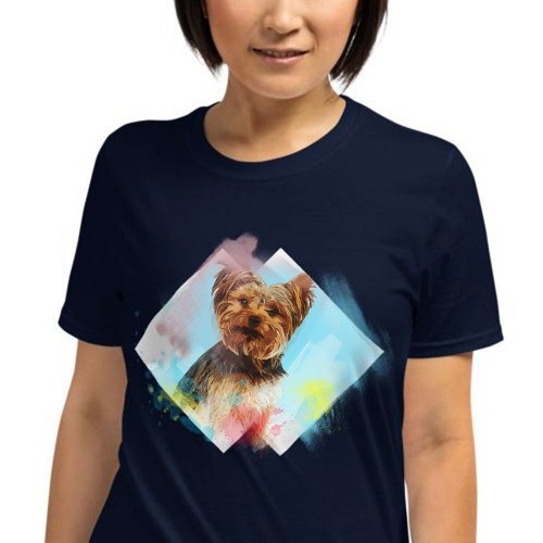 Camiseta feminina Mascochula em aquarela, personalizada com a foto do seu animal de estimação azul-marinho.