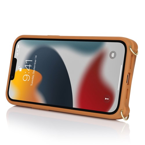 iPhone 13 Pro Necklace Leder Hülle mit Münzfach und Kartenfächer   Finger Griff Halterung   Handykette - Braun