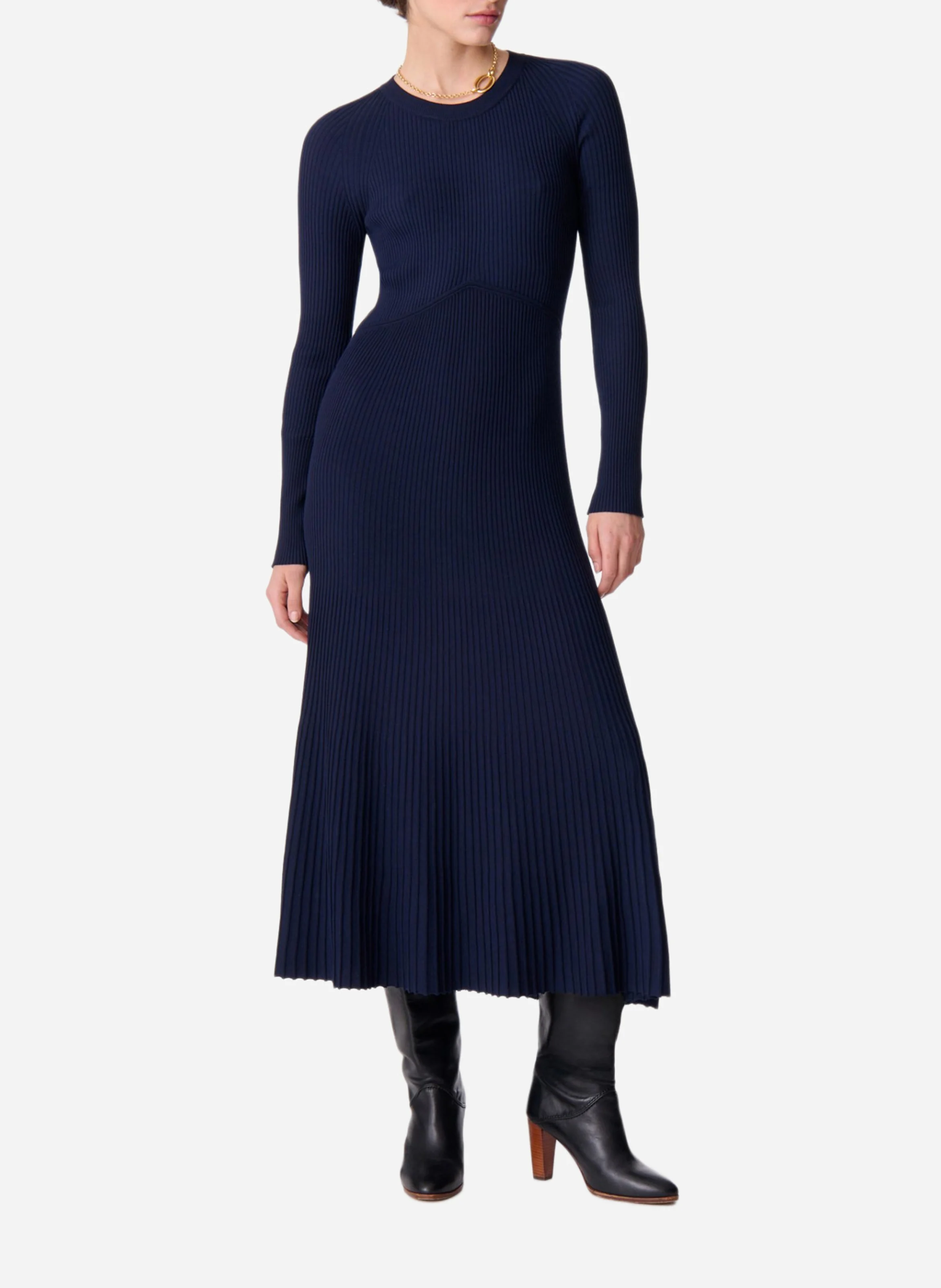 ELISA - Robe midi ajustée et évasée sur le bas | Bleu