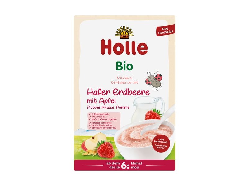 HOLLE Milchbrei Bio Hafer Erdbeere Apfel 250 g Bio-Getreidemilchbrei mit Hafer, Erdbeere und Apfel