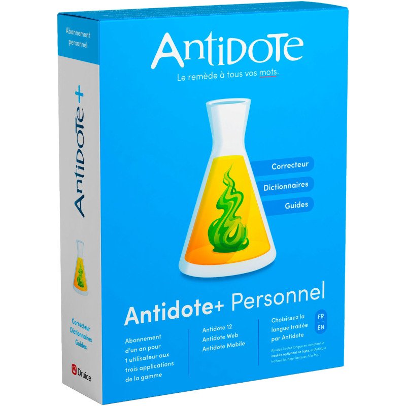 Logiciel Druide Antidote+ Personnel - Antidote 12 + Antidote Web + Antidote Mobile - francais ou anglais - PC ou Mac - 1 an - Correcteur grammatical et dictionnaires