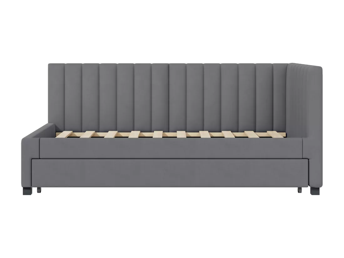 Lit simple 90x200 cm avec un lit gigogne - rembourré en velours avec sommier à lattes - Gris