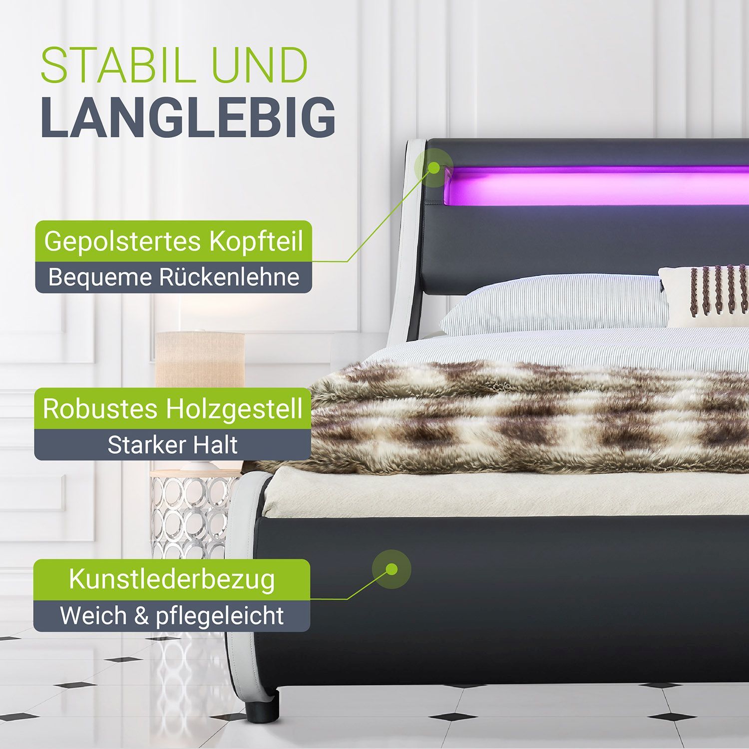 Juskys Polsterbett Bett Valencia 180 x 200 cm schwarz mit Kaltschaummatratze Doppelbett mit LED