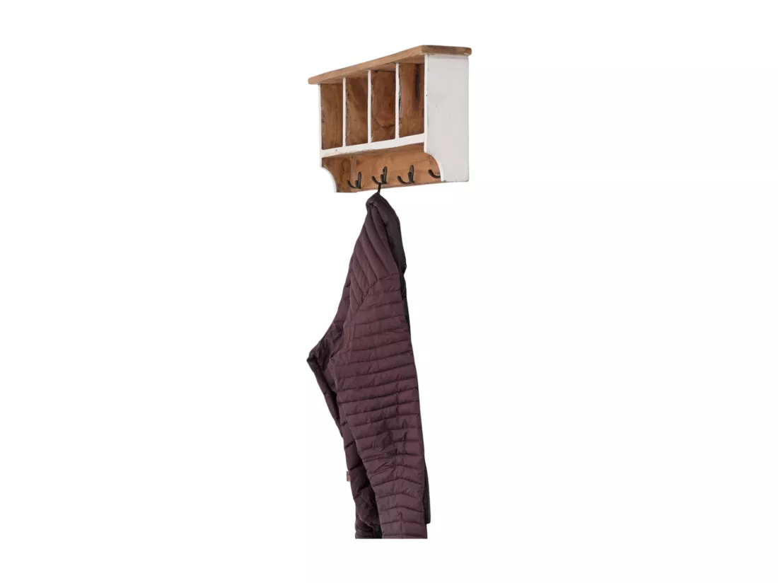 PORTE-MANTEAU MURAL VINTAGE 70 Bois de recyclage massif, 4 crochets doubles, 4 compartiments, étagère 06 weiß-landhaus