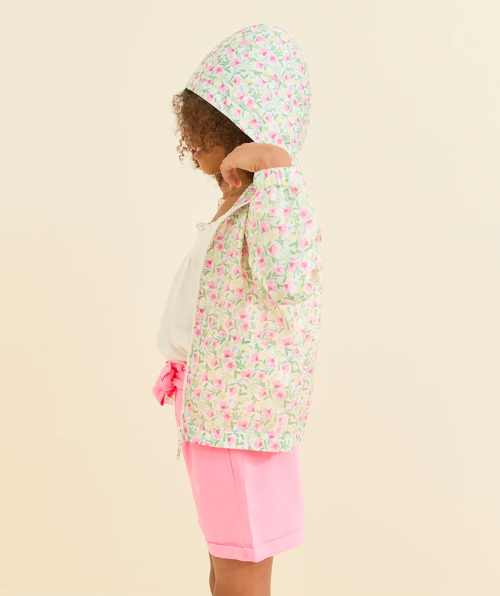 coupe-vent à capuche fille blanc avec imprimé à fleurs colorées