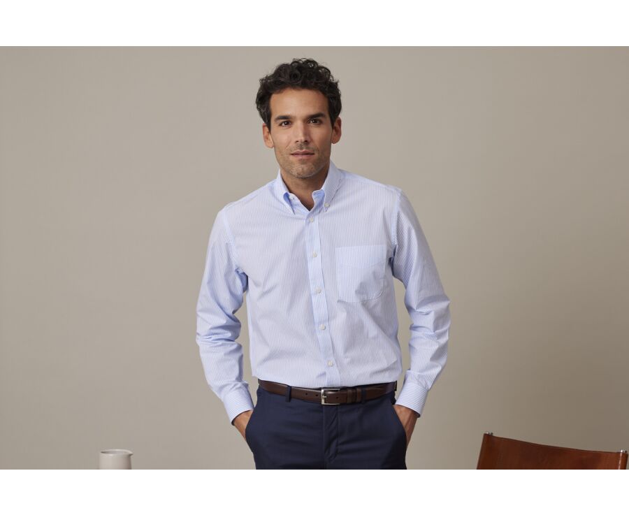 Chemise coton rayures Bleues Claires et blanches - Col américain - MARLON