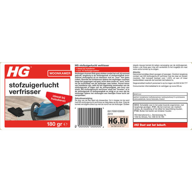 HG stofzuigerlucht verfrisser 180 gr