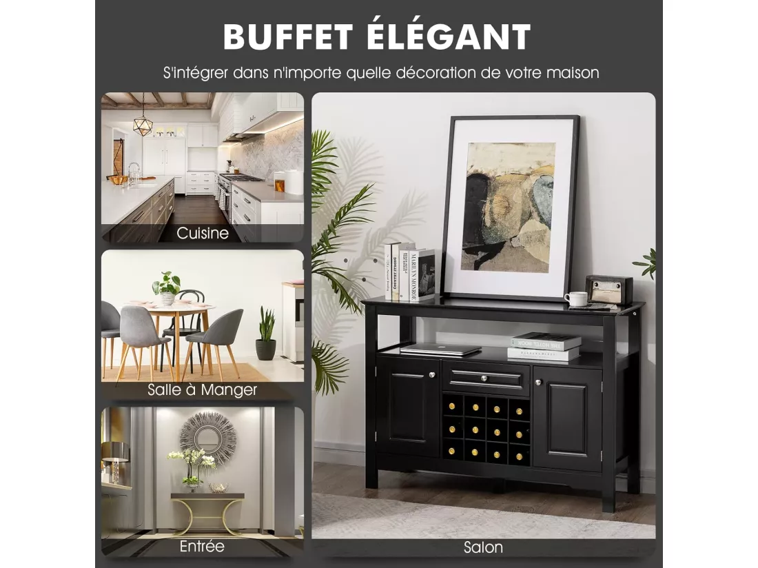 Buffet Cuisine avec Casier à Vin Amovible pour 12 Bouteilles, 2 Etagèress, 1 Tiroir, 2 Placards, Armoire de Cuisine Porte-Bouteille pour Salle à Manger, Salon, 117x40,5x82,5cm (Noir)
