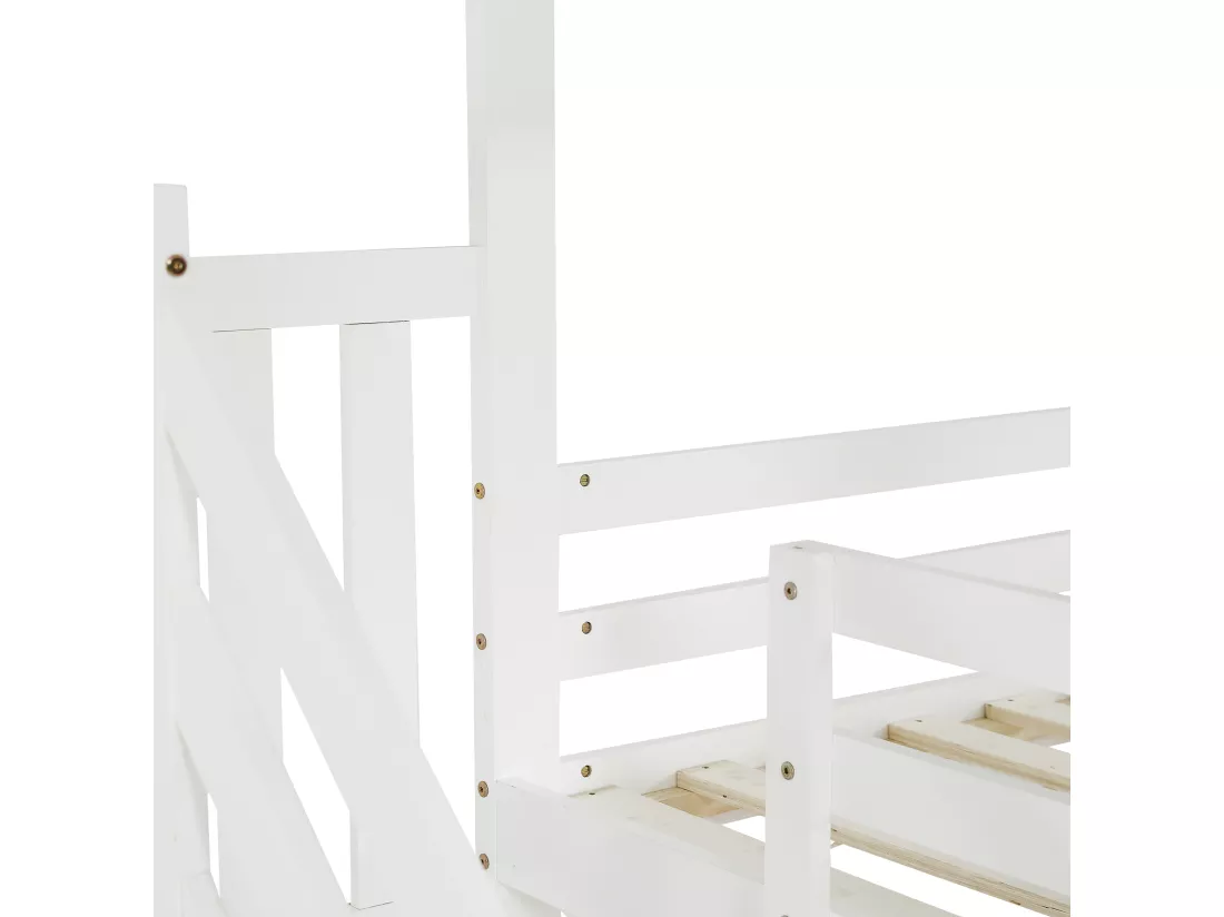 Lit superposé 90x200cm en bois - avec escalier de rangement - Blanc