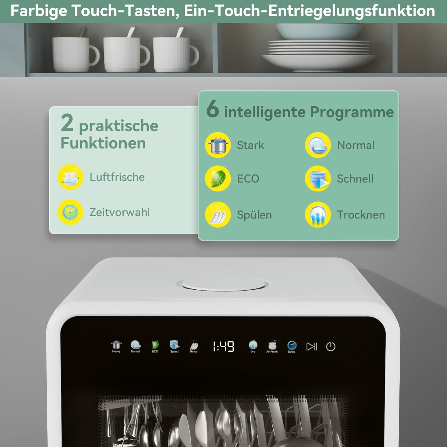 Mini Geschirrspüler ohne Wasseranschluss, Tischgeschirrspüler mit Farb-Touchscreen, Kleine Spülmaschine mit 3 Sprüharme, 5 Gedecke, 5+3 Programme, Energieklasse C