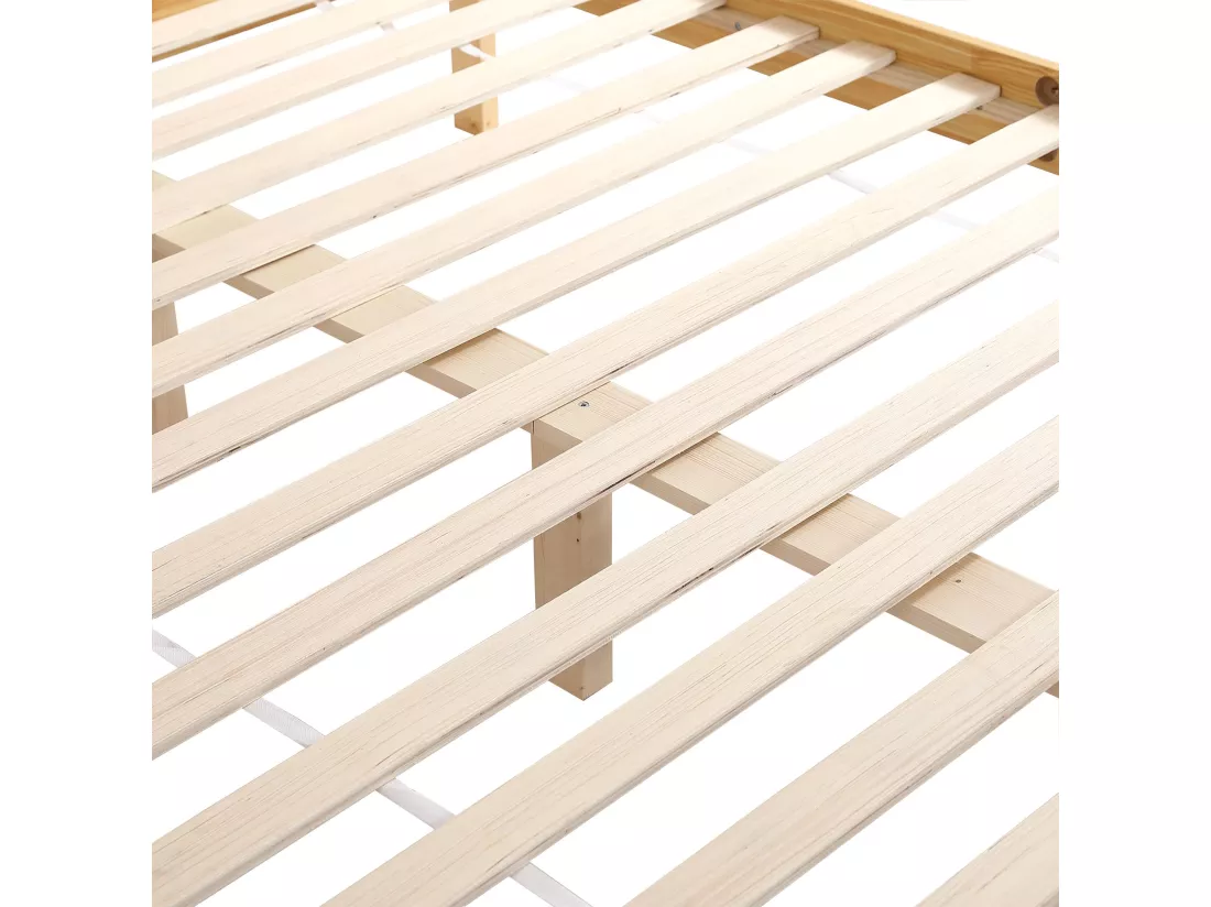 Lit adulte 160x200cm Lit double avec 15 lattes et pieds centraux pin + rotin PE Naturel