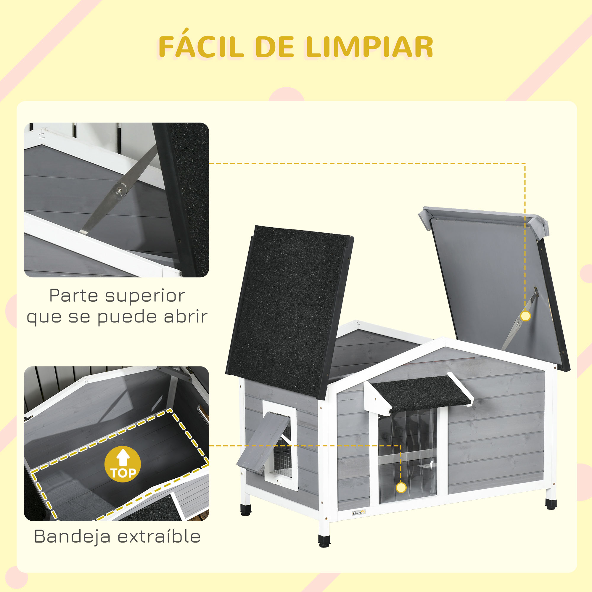 Casinha de madeira para cães PawHut, 97x72x65 cm, com telhado articulado de asfalto, 2 janelas, porta com cortina e base removível, cinza.