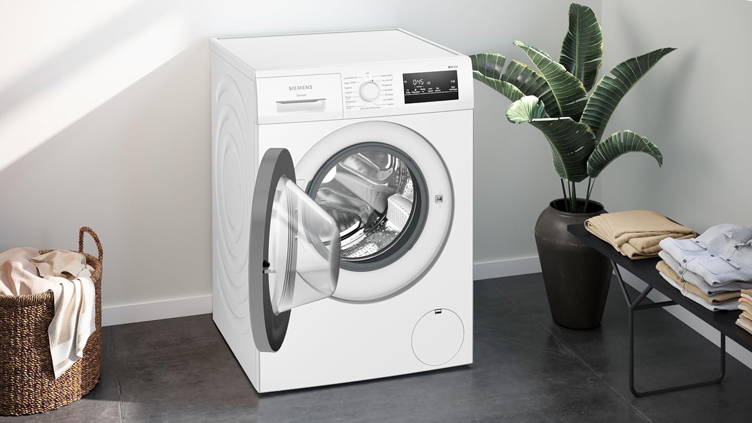 Siemens WM14N127 Waschmaschine iQ300, Frontlader mit 8kg Fassungsvermögen, 1400 UpM, speedPack L, smartFinish, Outdoor-Programm, LED-Display, Weiß, 60cm