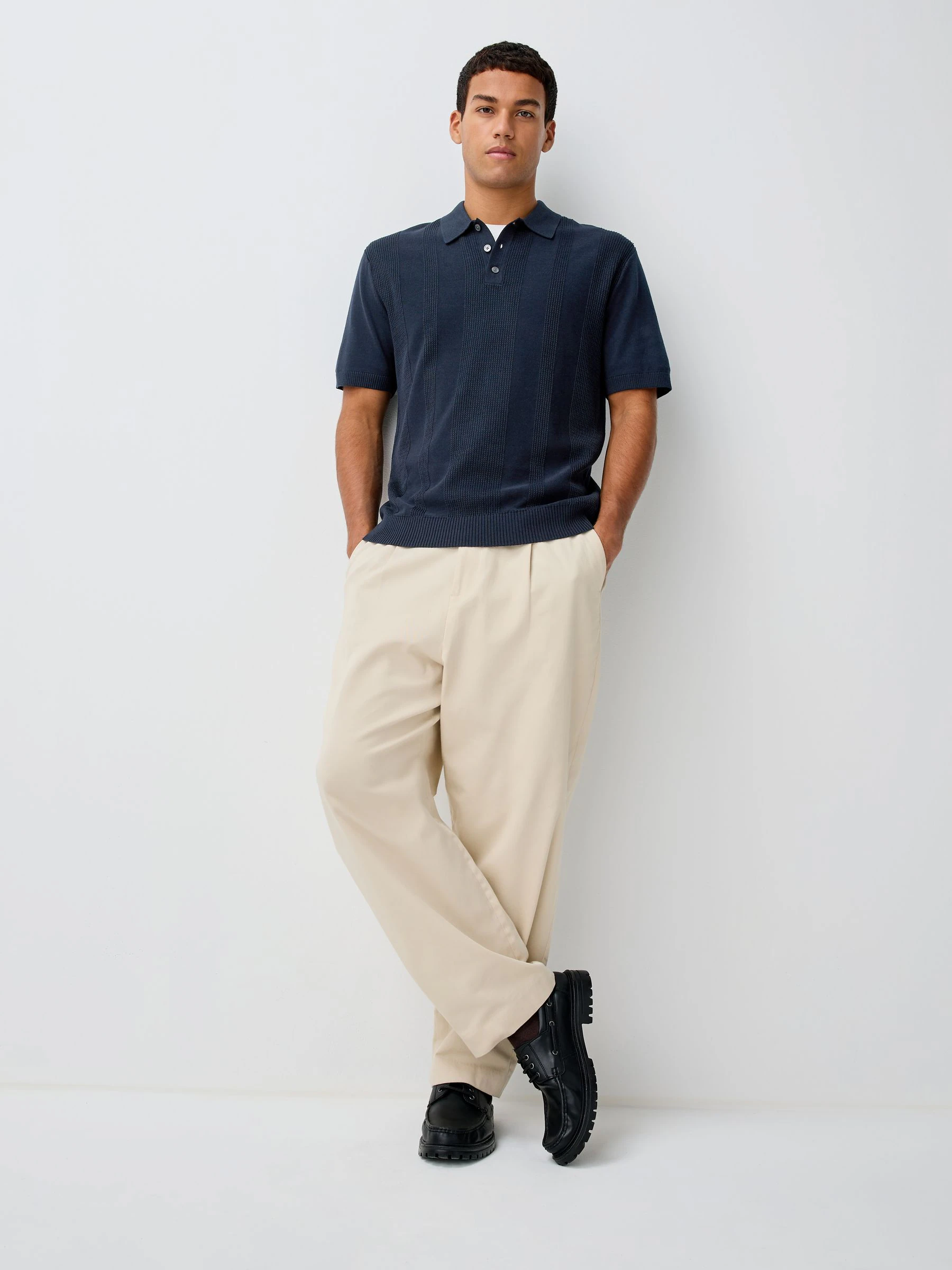 Marineblauw/zwart - Regular-fit poloshirts met textuur, hoog katoengehalte, korte mouwen en gebreid 2 stuks