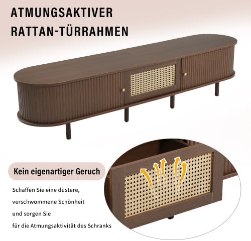 Merax TV Schrank Oval 180 cm, Lowboard aus MDF in Dunkel Walnussfarbe, Rattan Design, 1 Schublade, 2 Schiebetüren, Verstellbare Füße, TV Board für Wohnzimmer, Passend für 30 kg TV