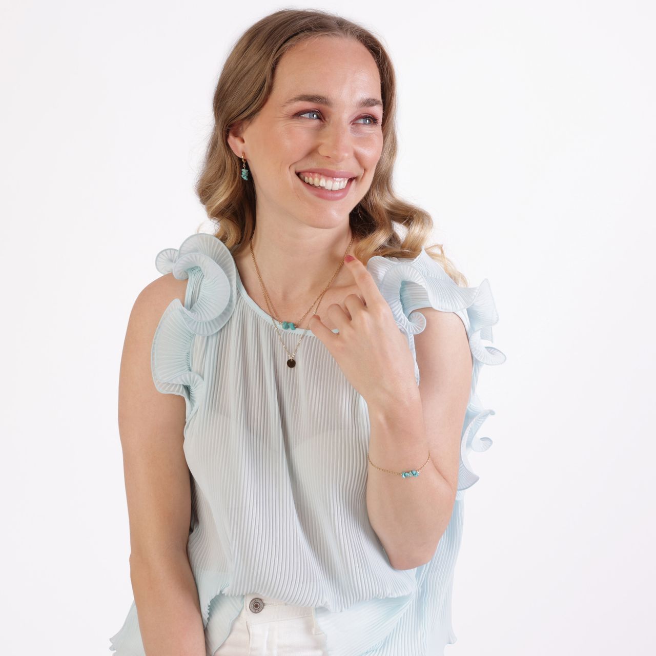 Stalen goldplated ketting met muntje en turquoise