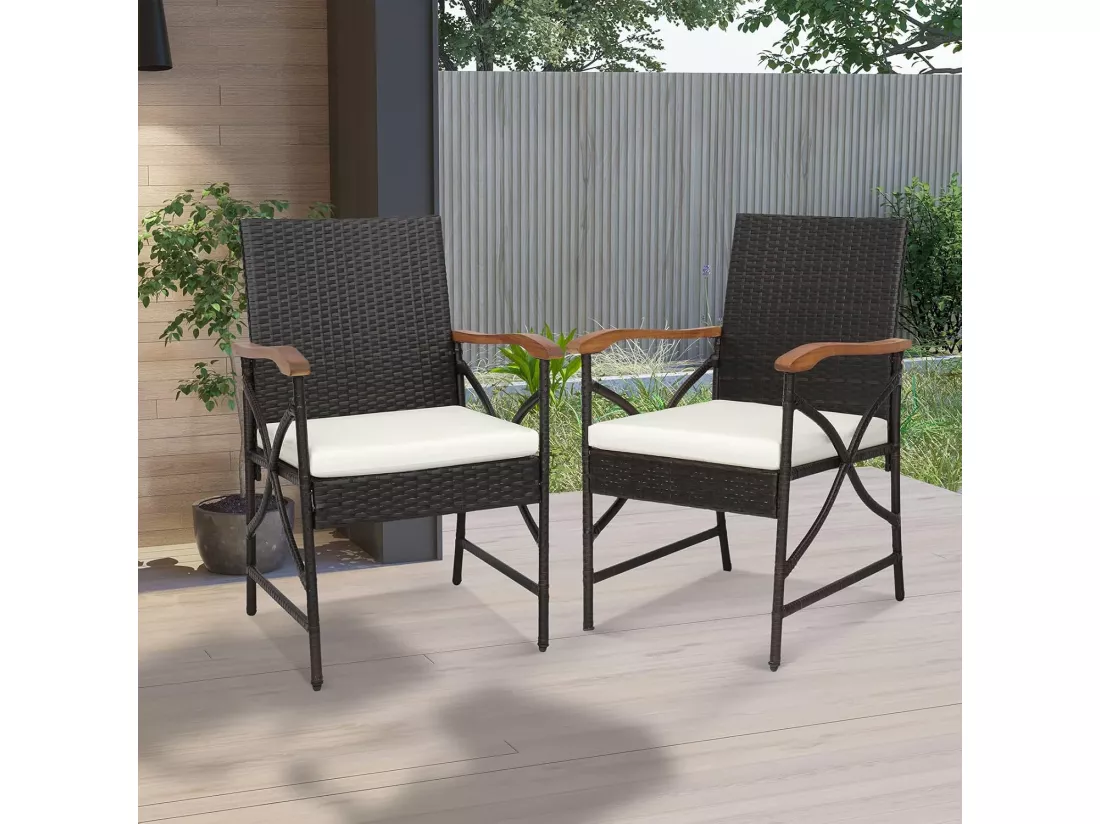 Fauteuil de Jardin Éxterieur Lot de 2 avec Coussins, Chaise Jardin Exterieur en Rotin et fibre naturelle PE avec Accoudoirs en Bois, Cadre en X, Hauteur d'Assise 40 cm, pour Salon, Terrasse, Patio