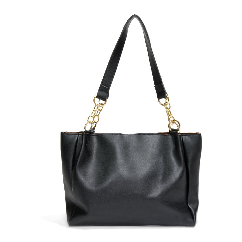 Sac femme fourre-tout simili anse chaîne dorée 33x11xH24cm - 2 modèles noir ou beige