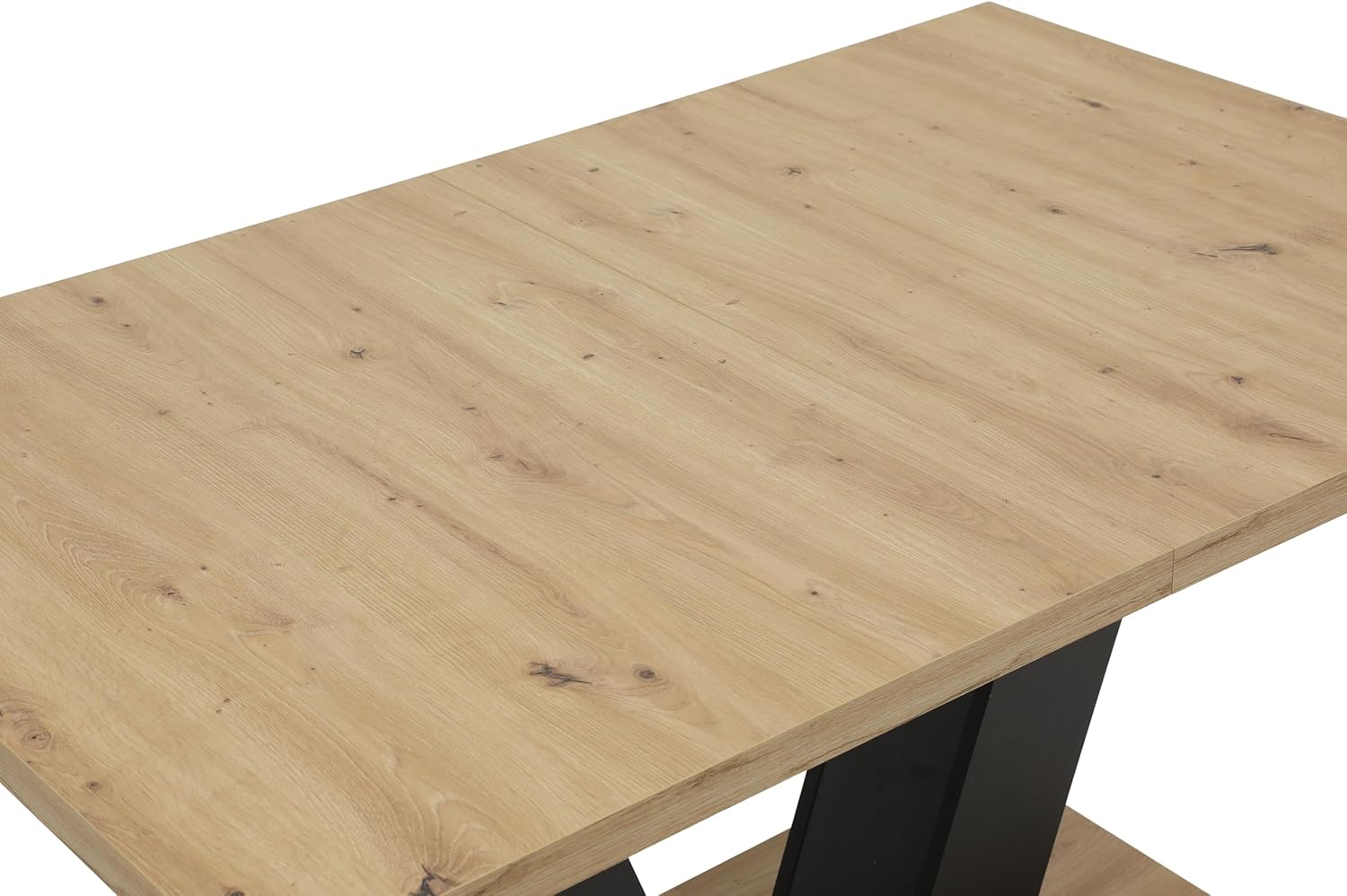 Hela Tische, Ausziehbarer Esstisch Hamm, Dekor Artisan Eiche und Schwarz, 140-180 x 90 cm, V-förmiges Gestell, Synchronauszug, Melaminbeschichtung und ABS Kante