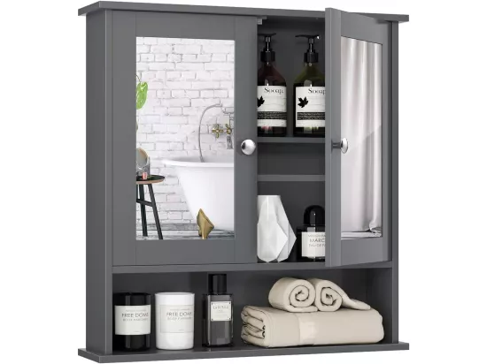 Armoire de de salle de bain avec miroir meuble rangement avec 3 etagères et 2 portes 56,5 x 13 x 58,5 cm gris