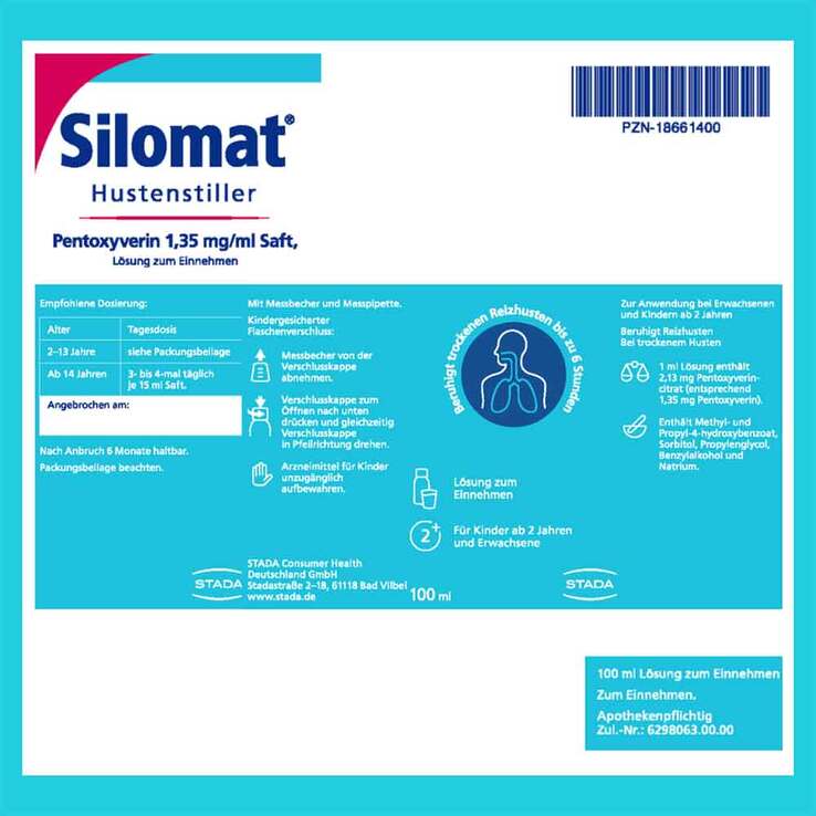 Silomat Hustenstiller Pentoxyverin 1,35 mg / ml Saft, 100 ml