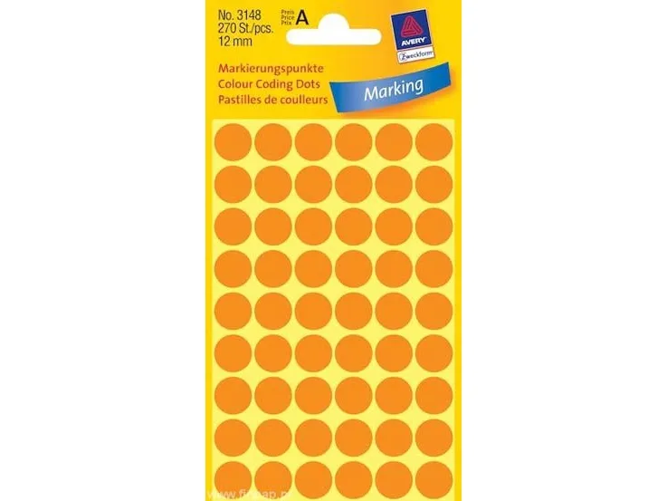 Etiket Avery Zweckform neon orange Ø12 mm - (5 ark x 54 stk.)