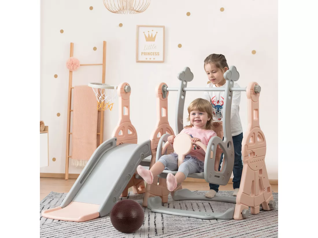 Toboggan 4 en 1 - avec escalier, balançoire, panier de basket - rose